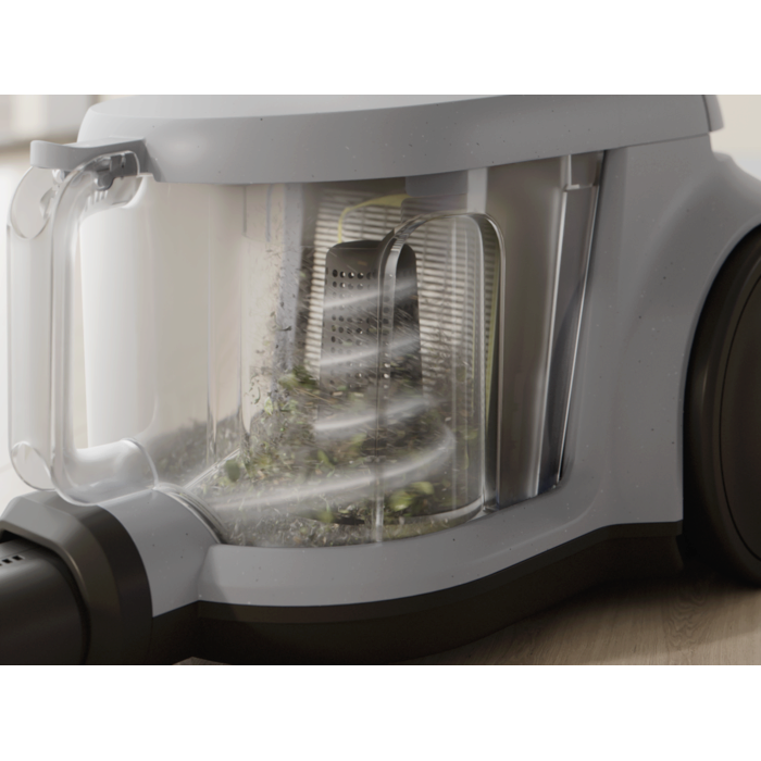 Vacuum cleaner with cyclone separator for efficient cleaning with less frequent bin emptying.*Based on internal test according to IEC 62885-2 edition 2.0.5.1.5, 10 & 5.12