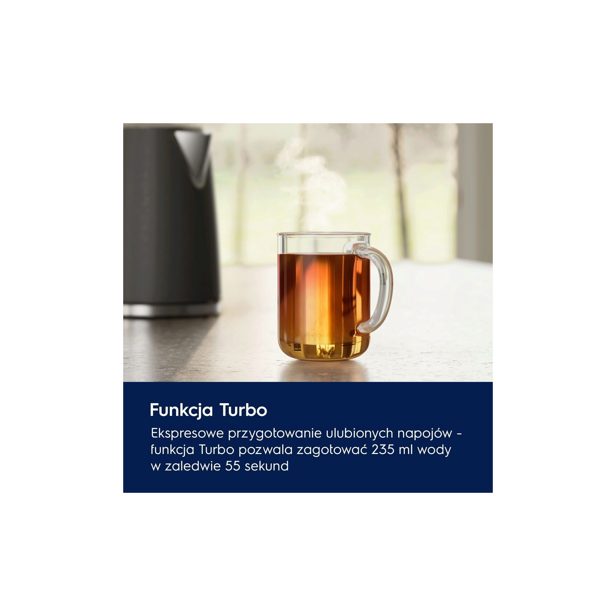 A photo of a black kettle Create 5 describing how Turbo function works