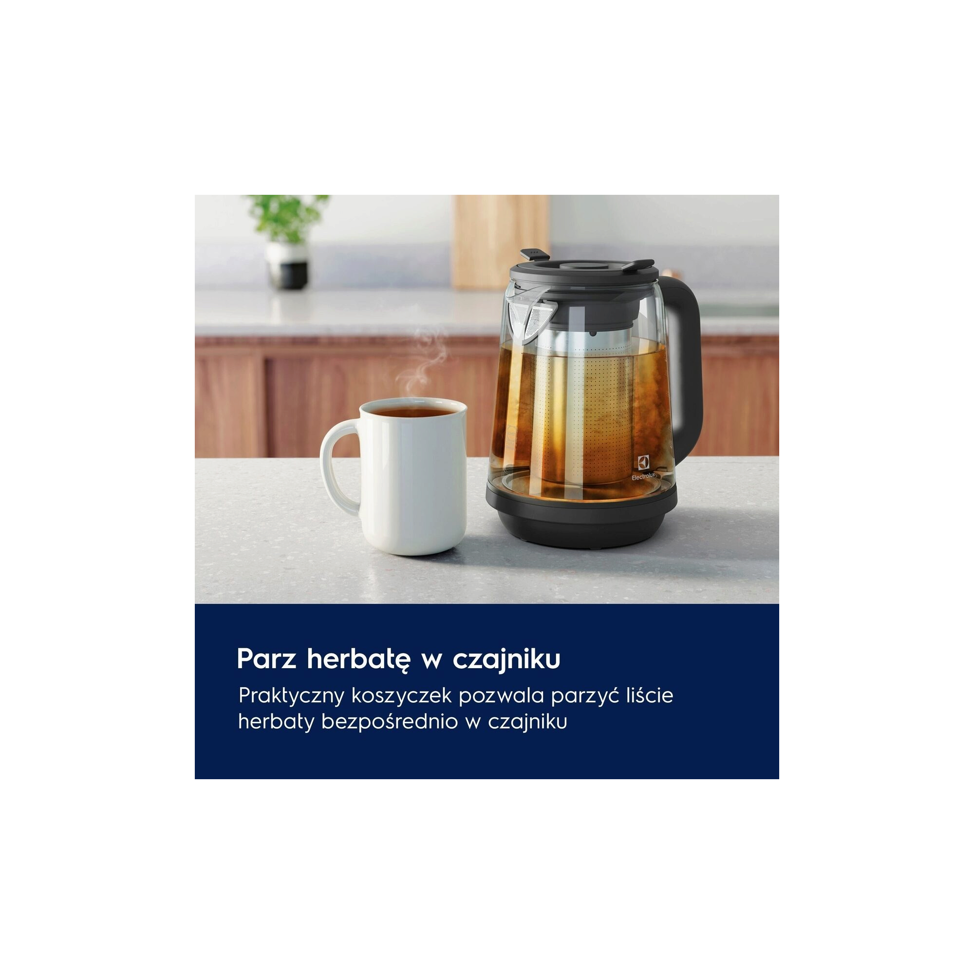 A photo of a glass kettle describing how to prepare a tea inside of a kettle