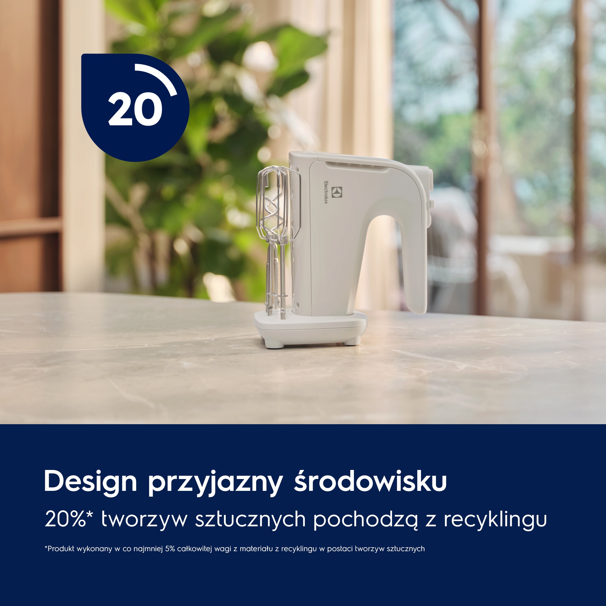 A photo of a white hand mixer featuring number 20 in a blue circle