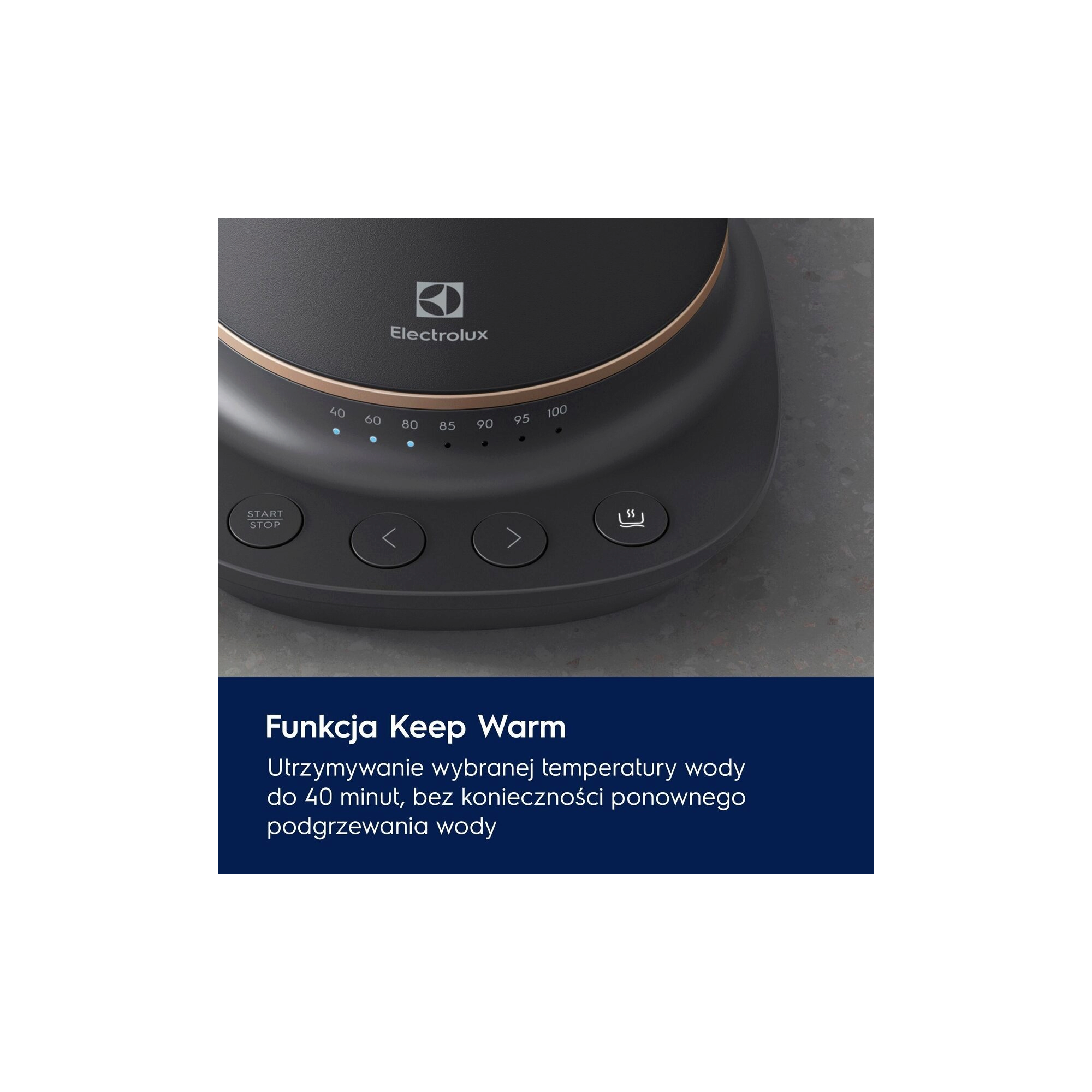 A photo of a black kettle describing how Keep Warm function works