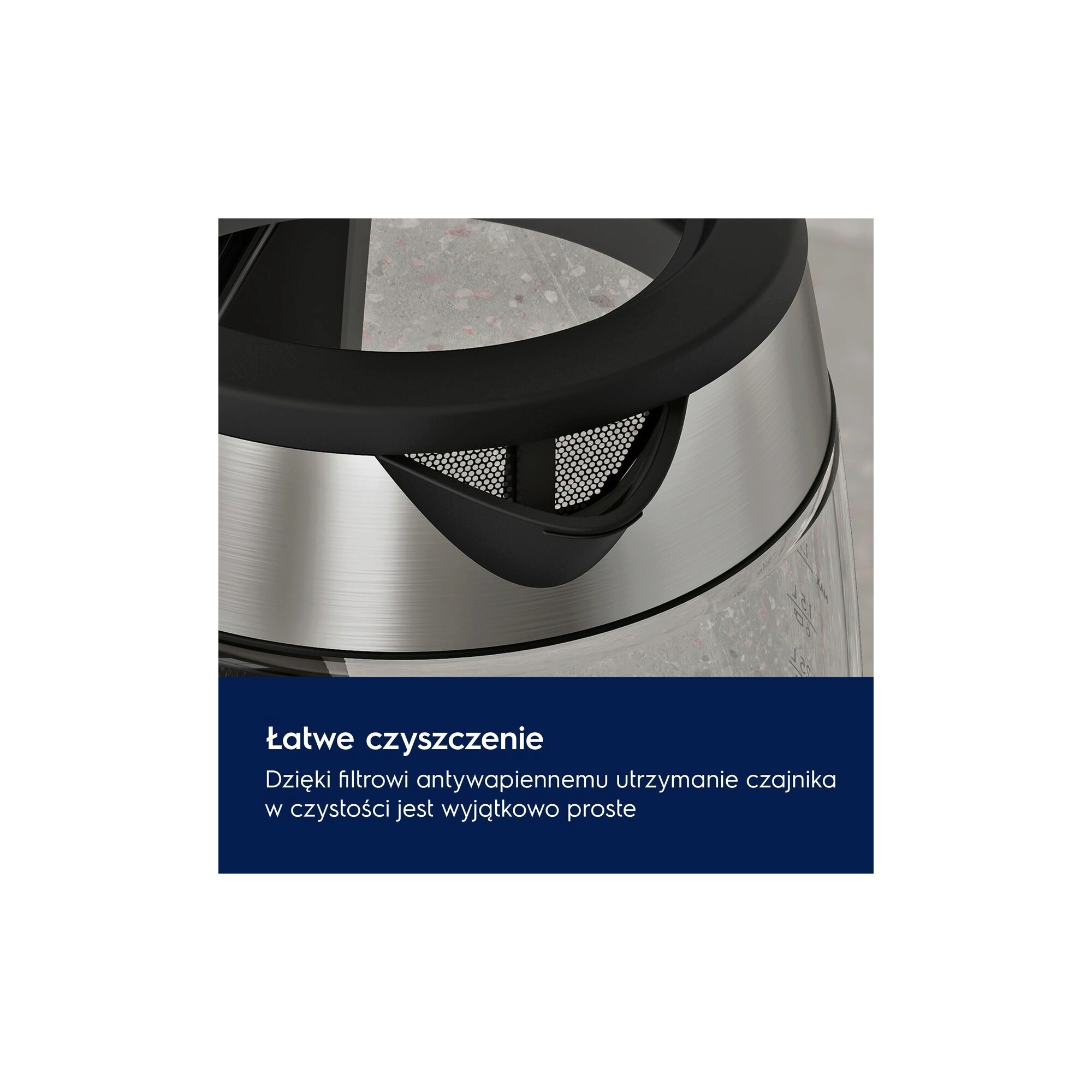 A photo of a glass kettle Create 4 showing the advantages of the limescale filter