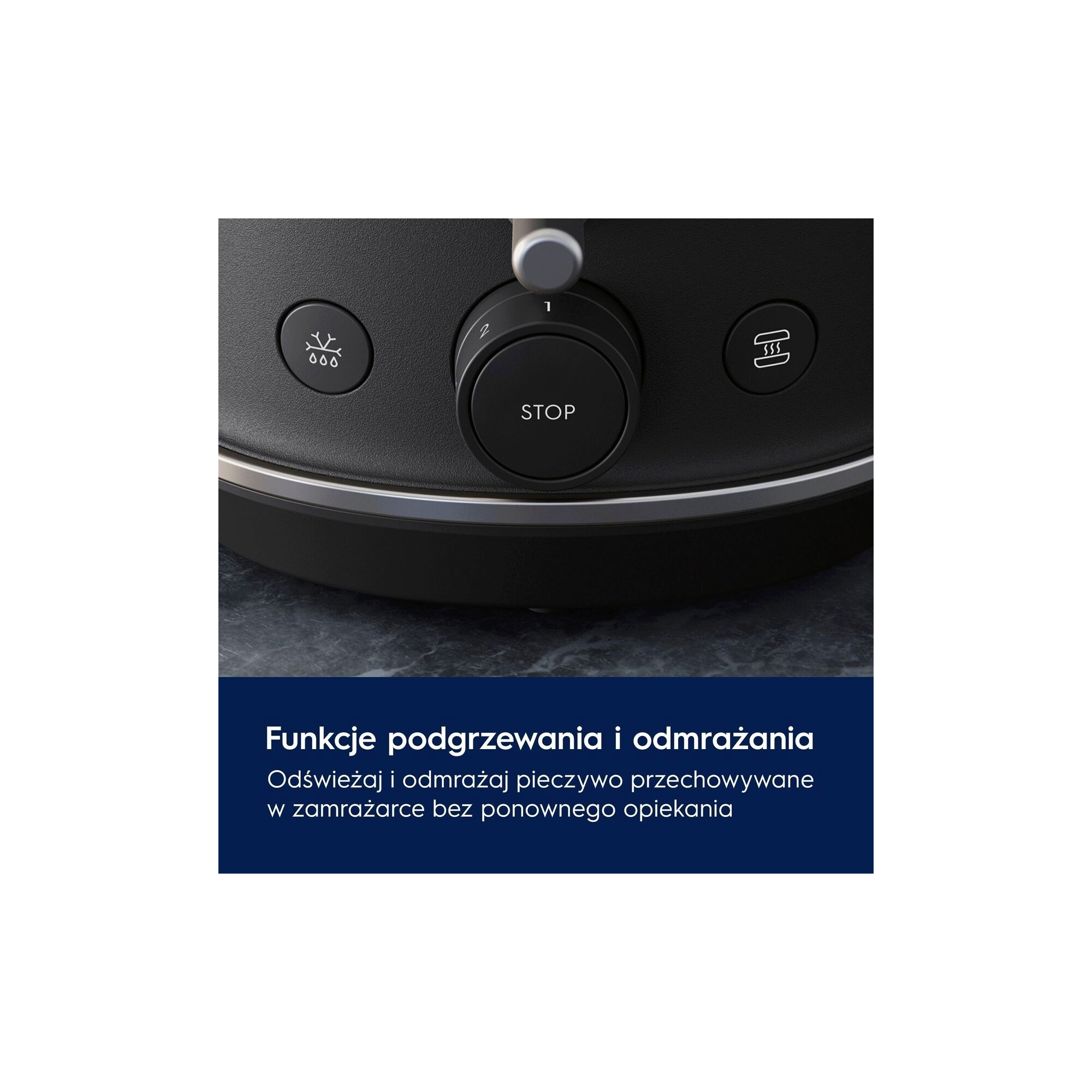 A picture showing Warming and defrosting functions of the black toaster Explore 7