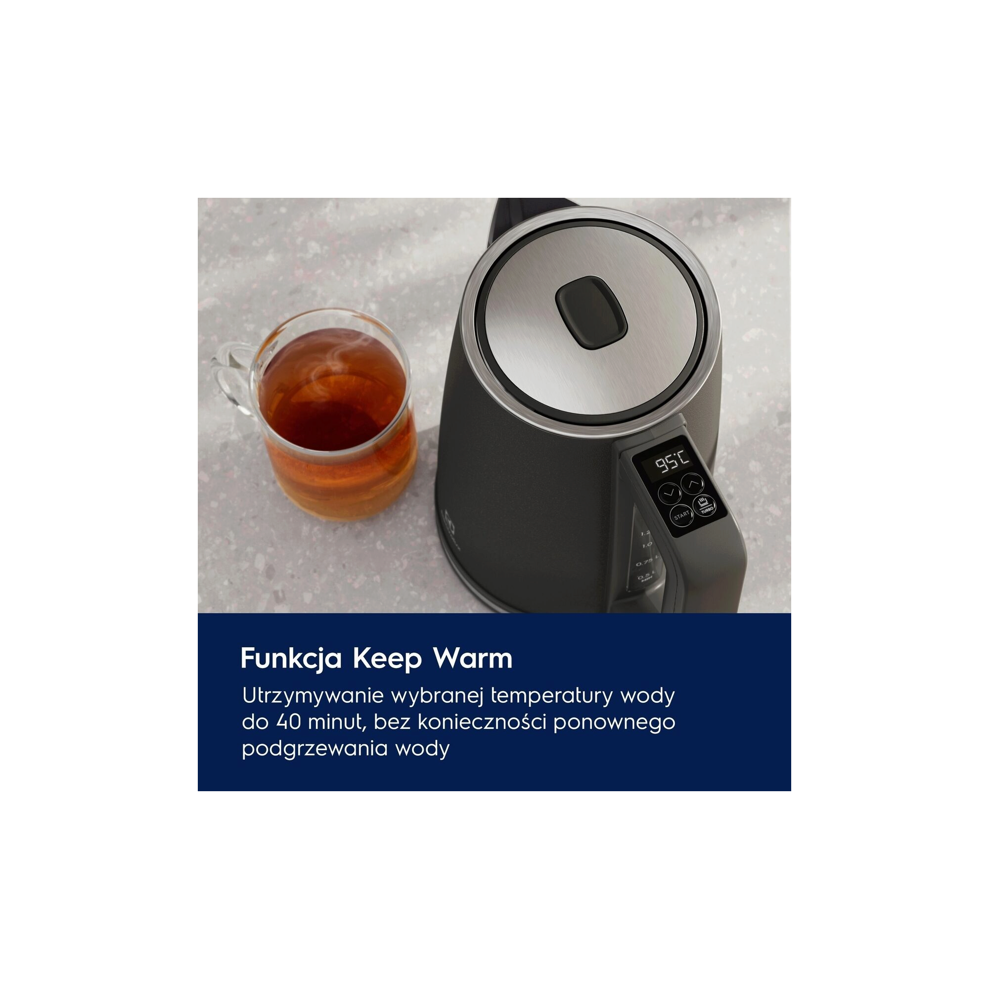 A photo of a black kettle Create 5 describing how Keep Warm function works