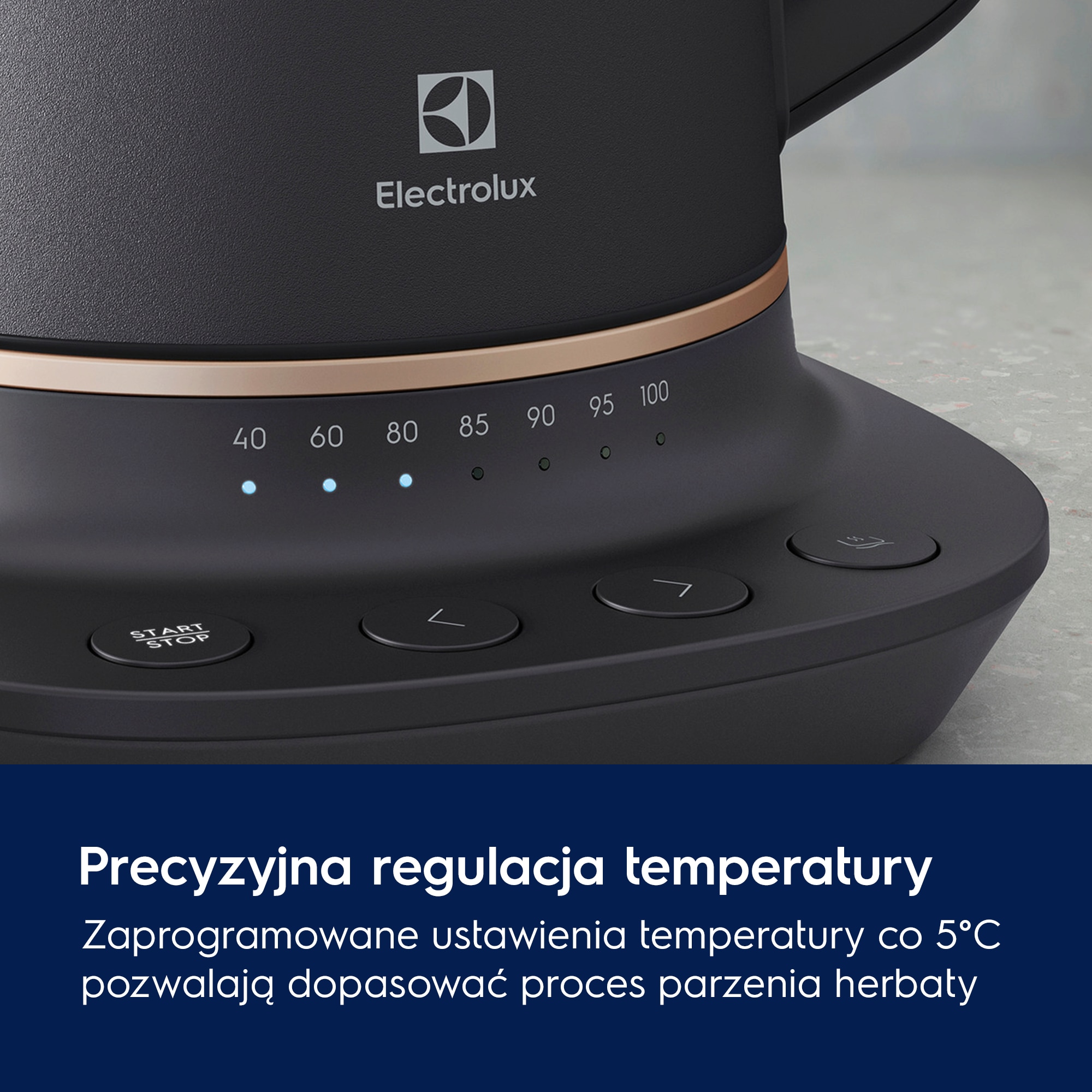A photo of a black kettle describing how Temperature Regualtions work