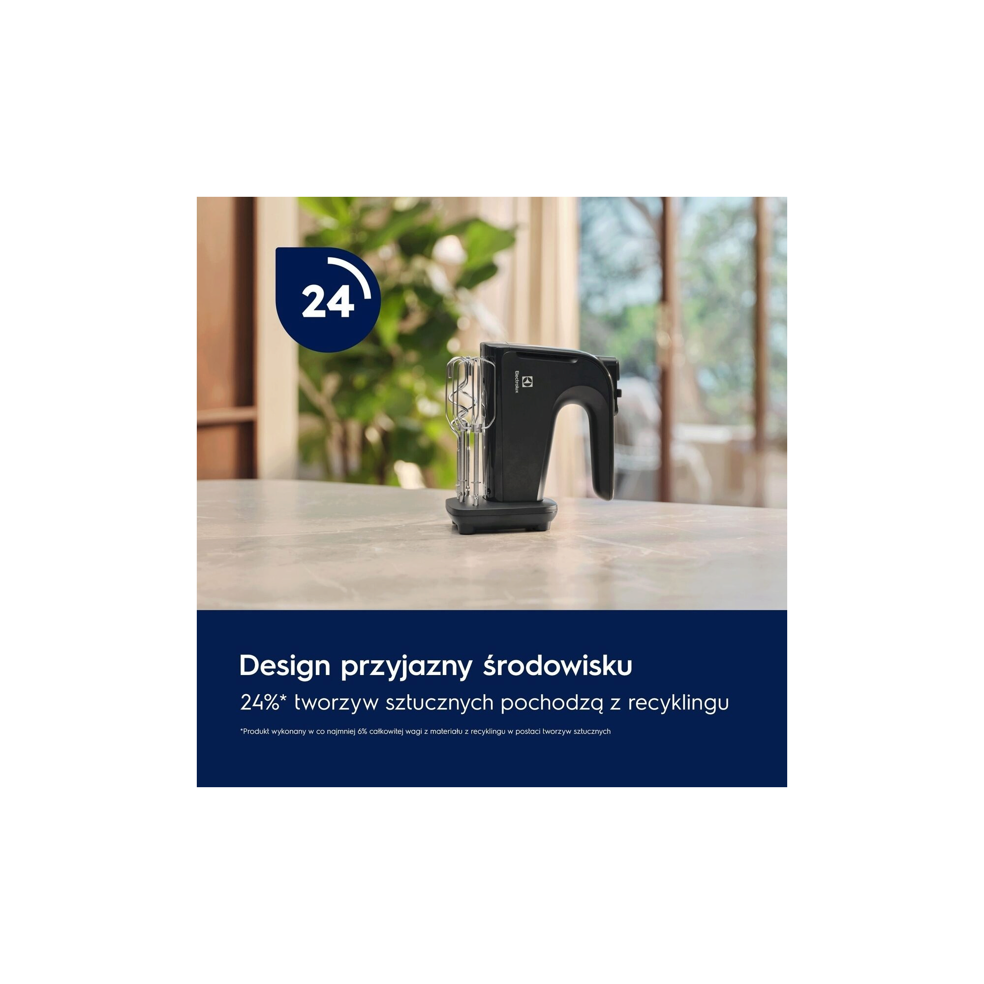 A photo of a black hand mixer featuring number 24 in a blue circle