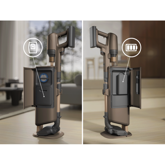Experience effortless vacuuming with the automatic emptying station. It has a 2-litre dust bag that lasts up to 8 weeks for easy dust bin clean up. This provides ultimate maintenance with no dust contact.