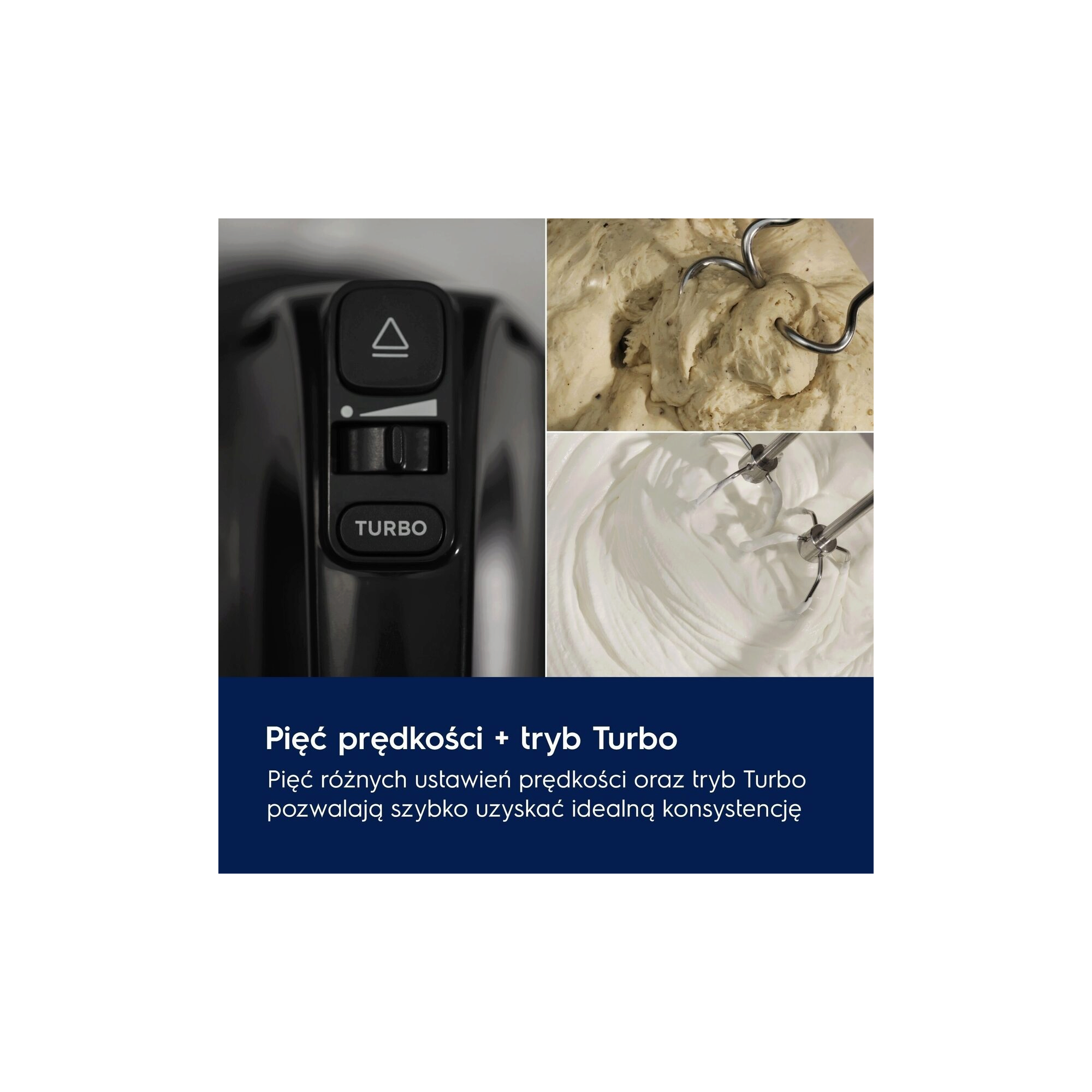 A picture showing a close-up view of a Turbo Mode and speed settings of a black hand mixer