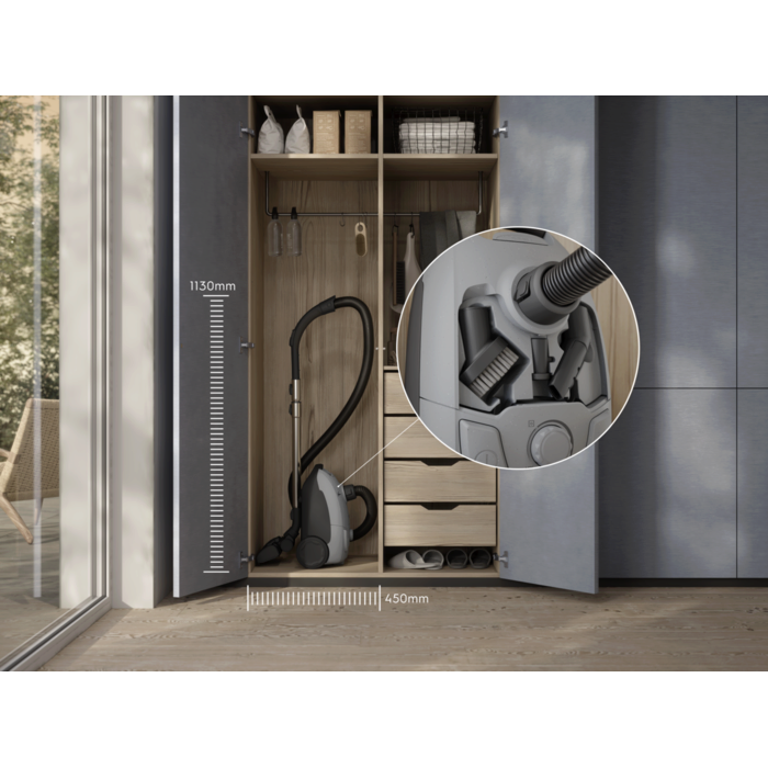 Compact design that’s easy to store, with on-board accessories kept within reach.