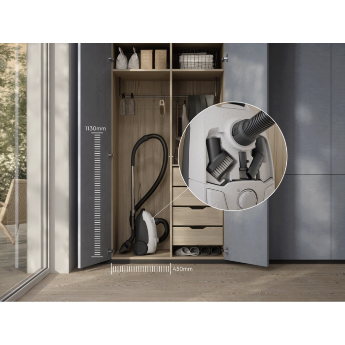 COMPACT DESIGN FOR EASY STORAGE Convenient size to fit into any home, and the accessories are stored on-board for easy access