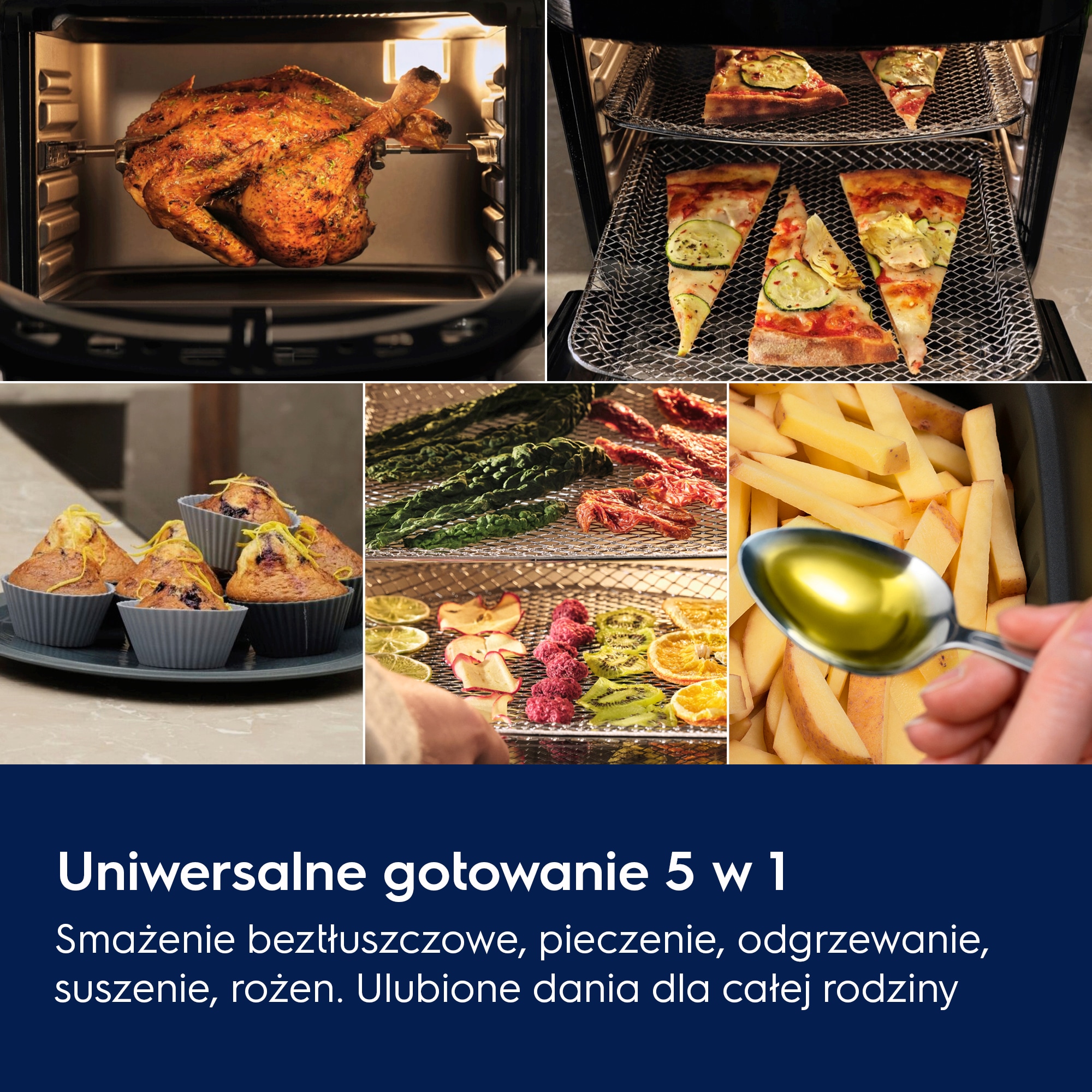 Uniwersalne gotowanie 5 w 1 Smażenie beztłuszczowe, pieczenie, odgrzewanie, suszenie, rożen. Ulubione dania dla całej rodziny.