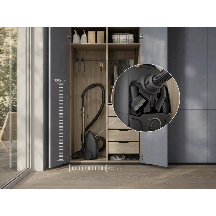 Compact design that’s easy to store, with on-board accessories kept within reach.