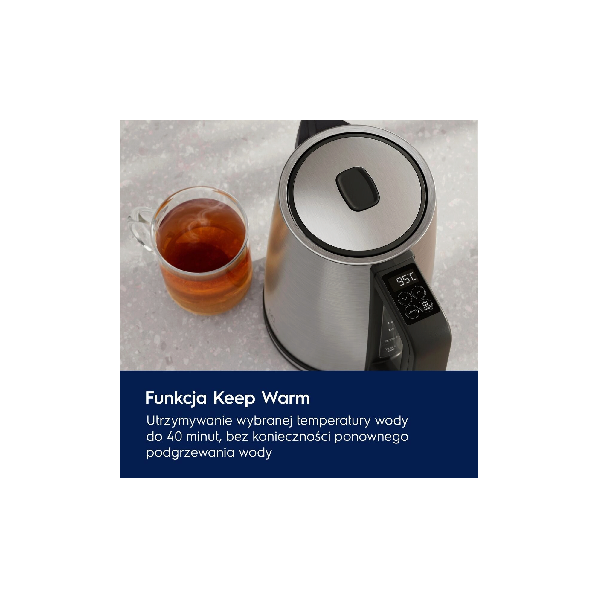 A photo of a steel kettle Create 5 describing how Keep Warm function works