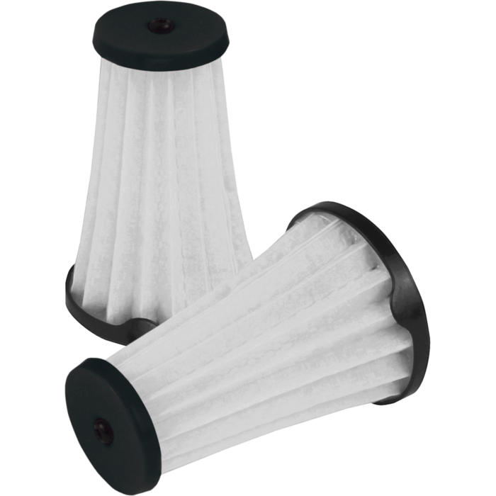 Two white pleated HEPA vacuum filters with black end caps