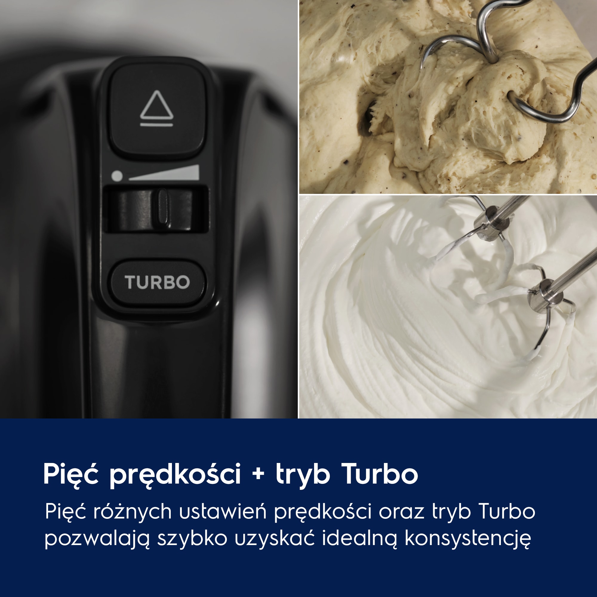 A picture showing a close-up view of a Turbo Mode and speed settings of a black mixer with a bowl