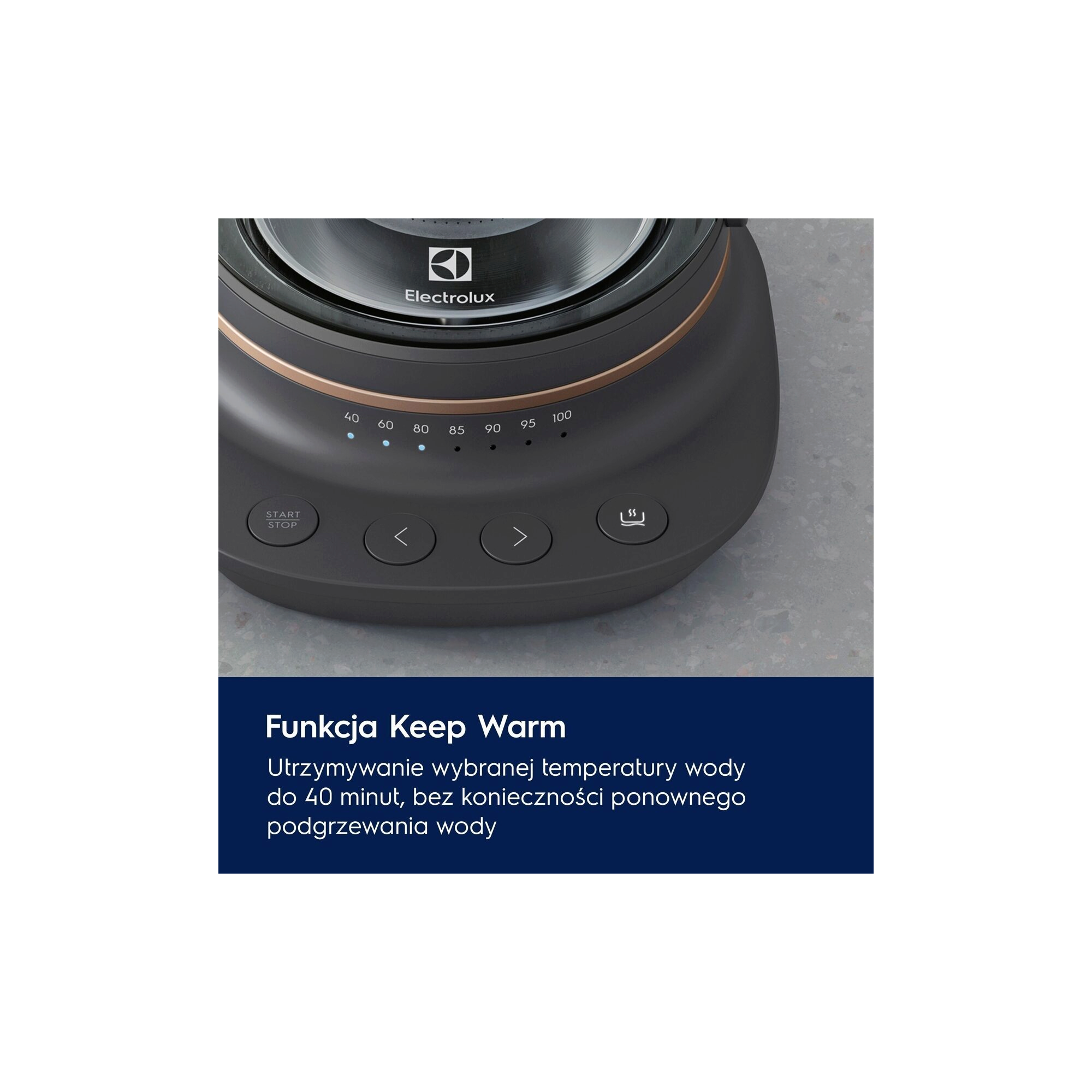 A photo of a glass kettle describing how Keep Warm function works