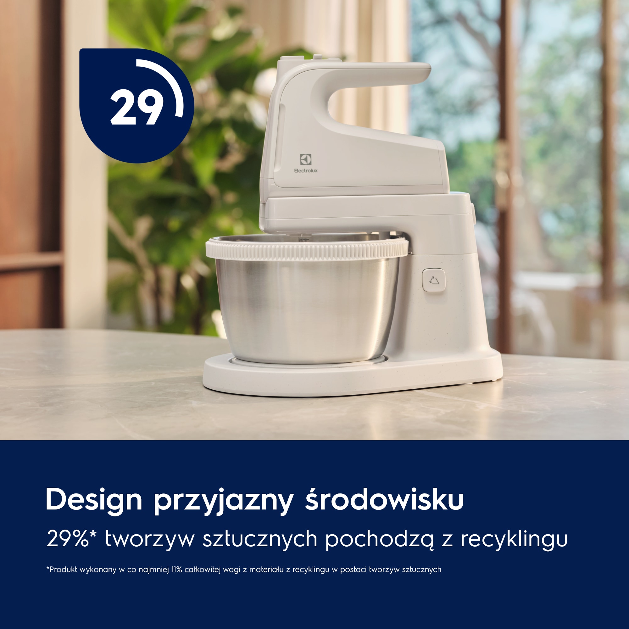 A photo of a white mixer with a bowl featuring number 29 in a blue circle