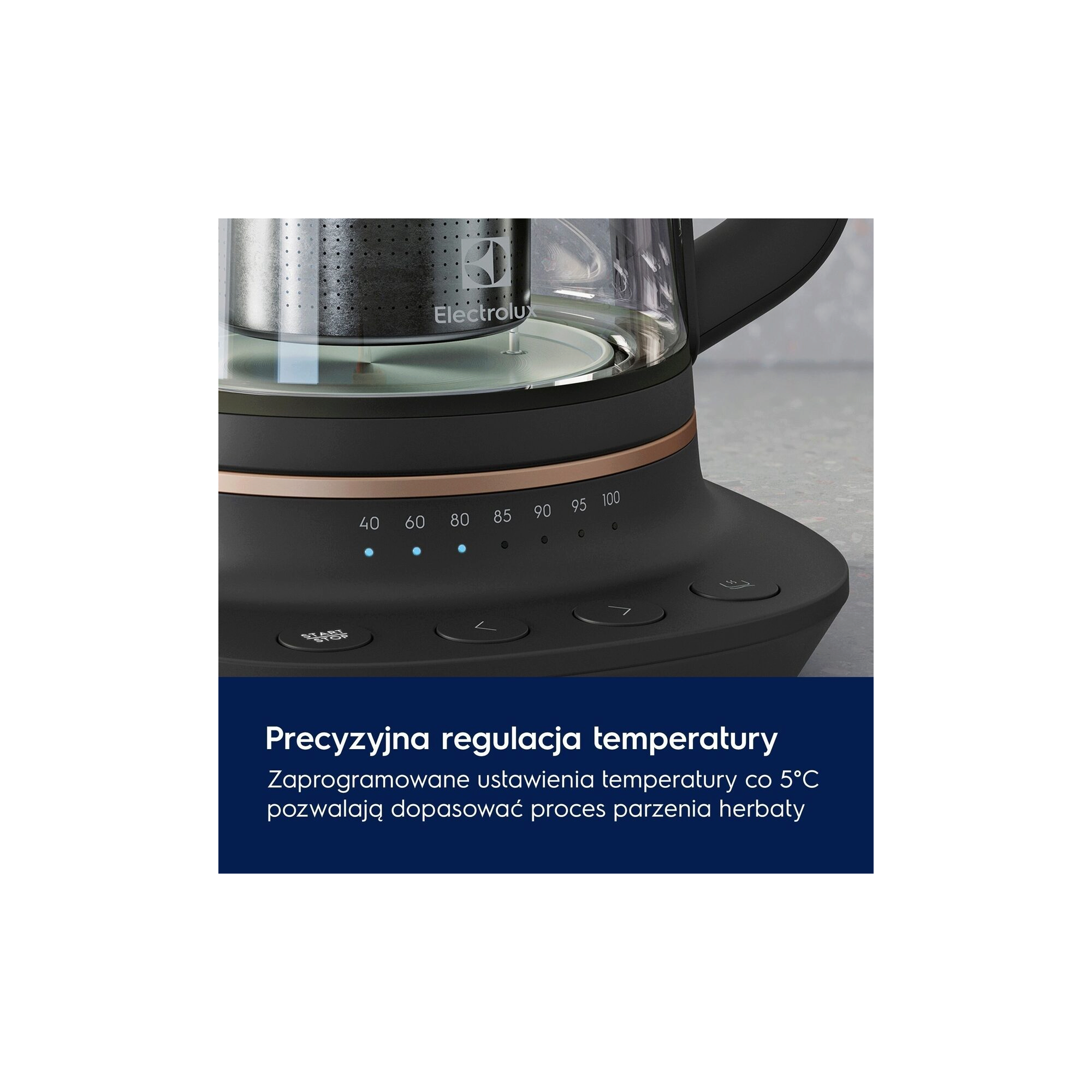 A photo of a glass kettle describing how Temperature Regualtions work