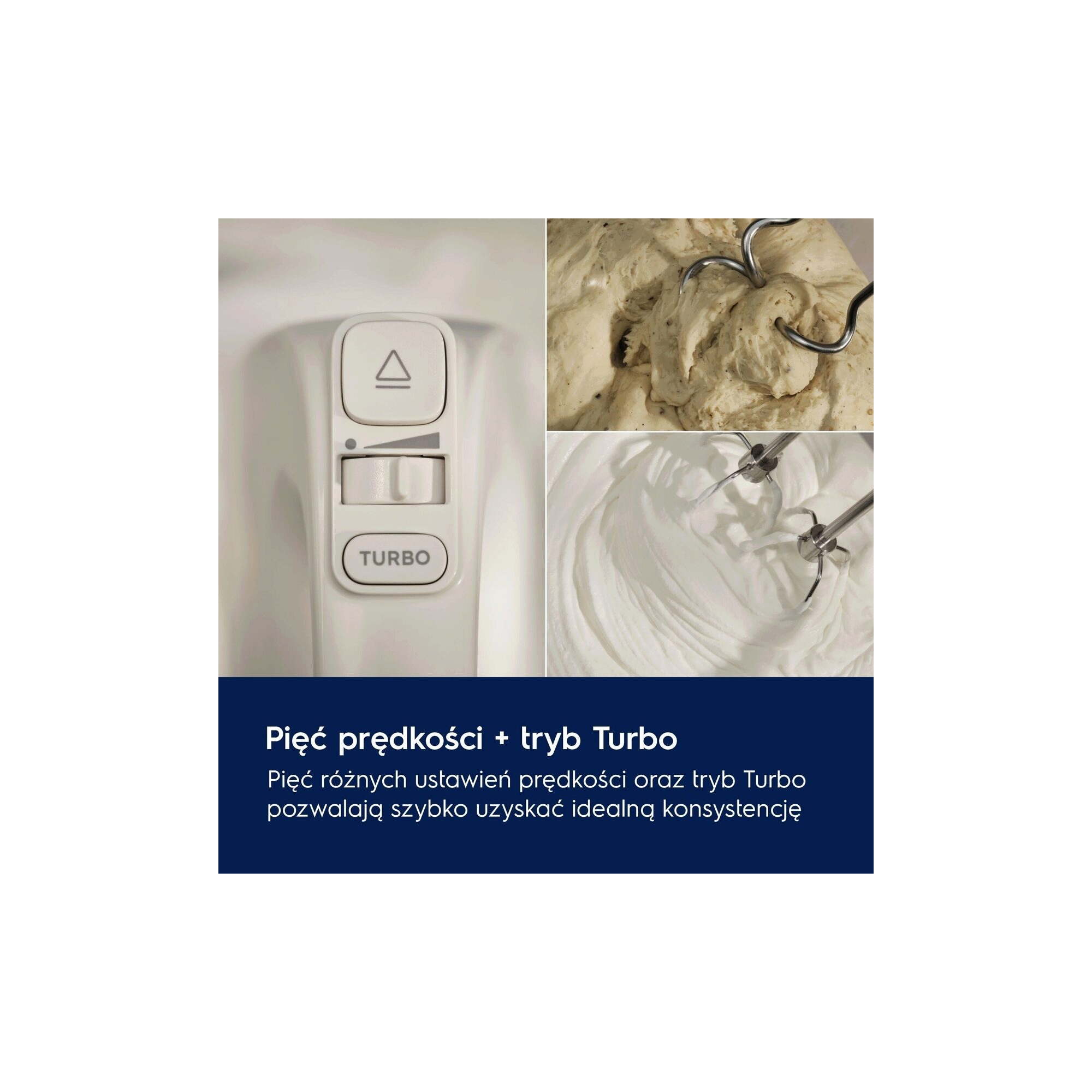 A picture showing a close-up view of a Turbo Mode and speed settings of a white hand mixer