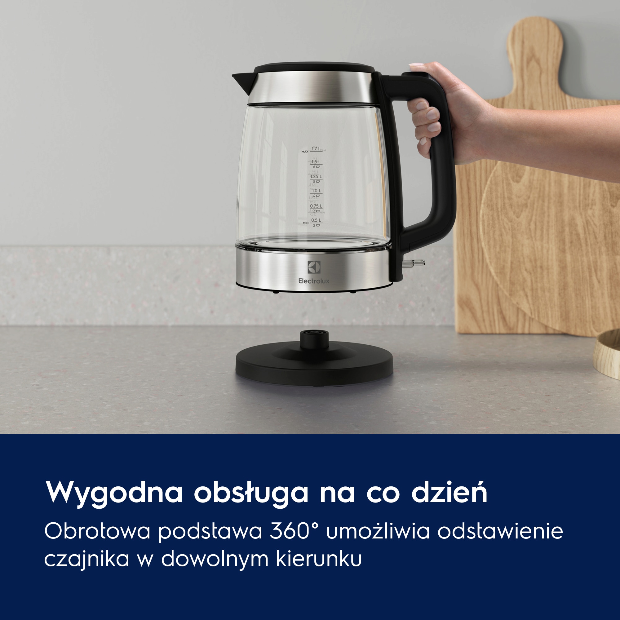 A photo of a glass kettle Create 4 showing ease of use