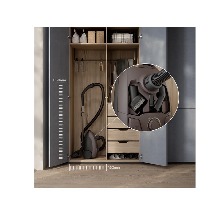 Compact design that’s easy to store, with on-board accessories kept within reach.