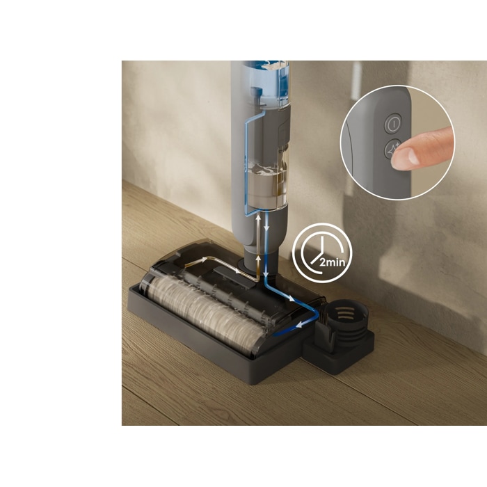 After use, the automatic self-cleaning refreshes the brush roll with clean water in just 2 minutes