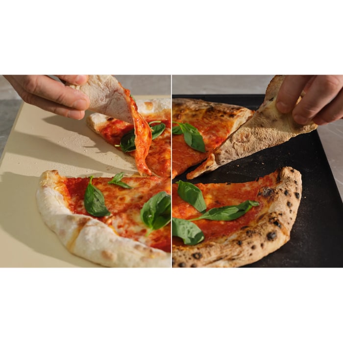 Two different pizzas shown with different results baked on different trays