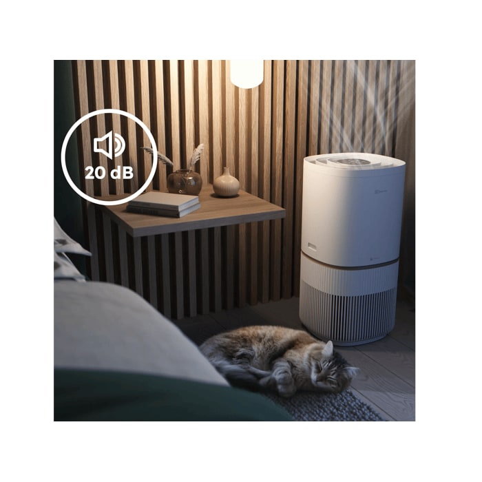 Air purifier providing cleaner air day and night with quiet Sleep Mode down to 20 dB.