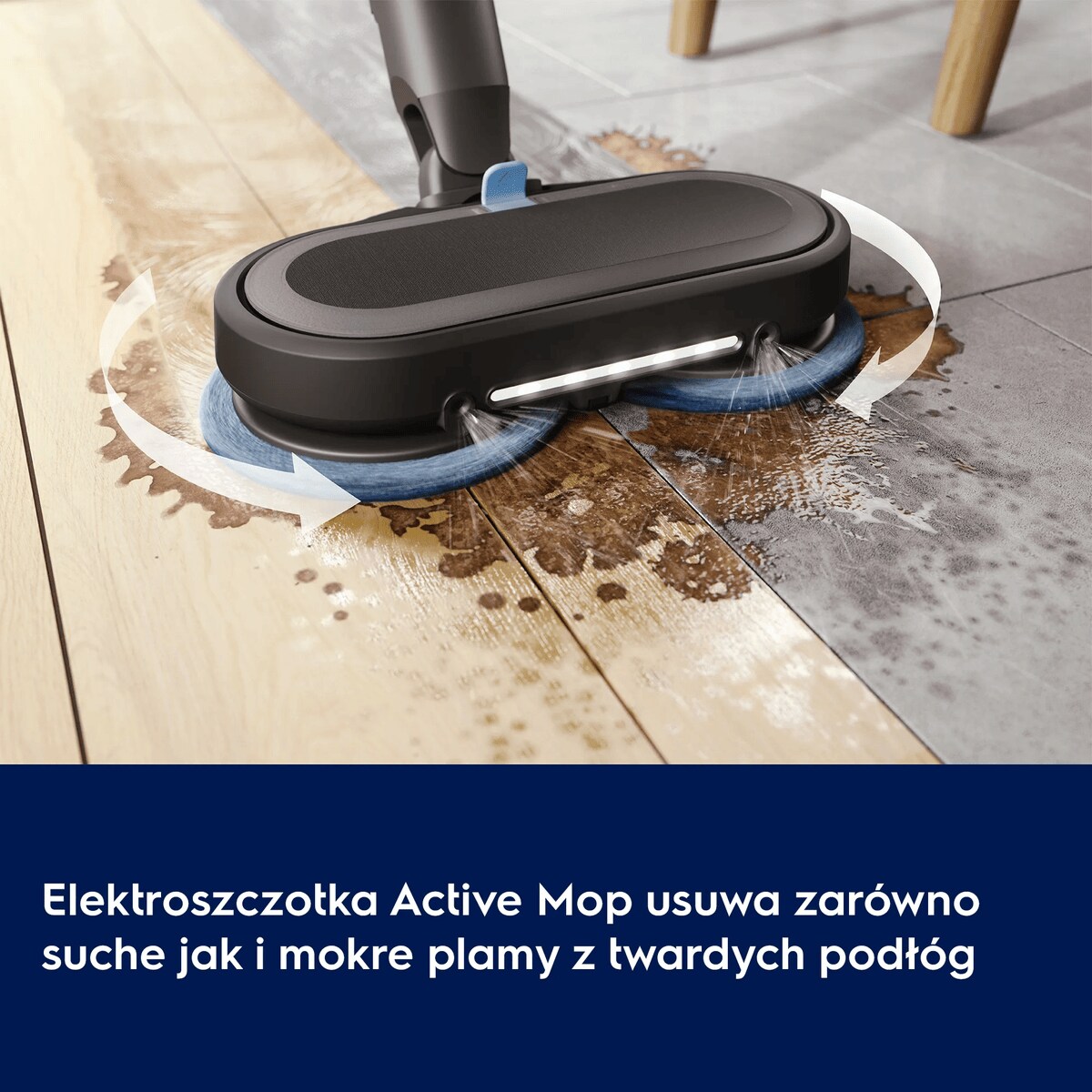 Elektroszczotka Active Mop usuwa suche i mokre plamy z twardych podłóg