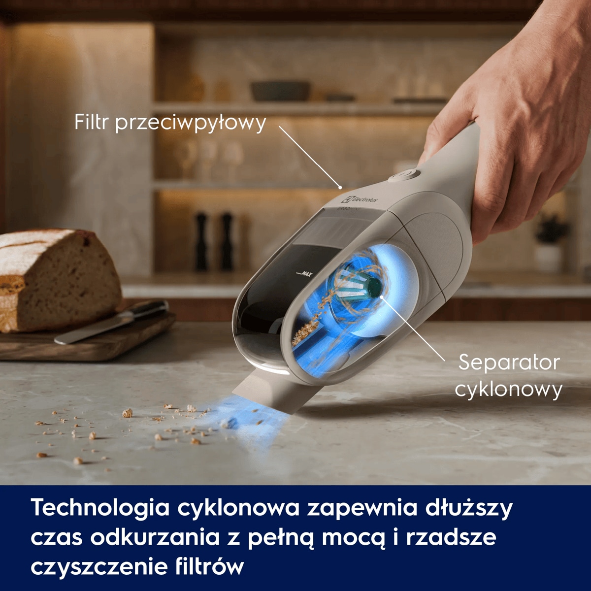 Technologia cyklonowa zapewnia dłuższy czas odkurzania z pełną mocą i rzadsze czyszczenie filtrów      Filtr przeciwpyłowy Separator cyklonowy
