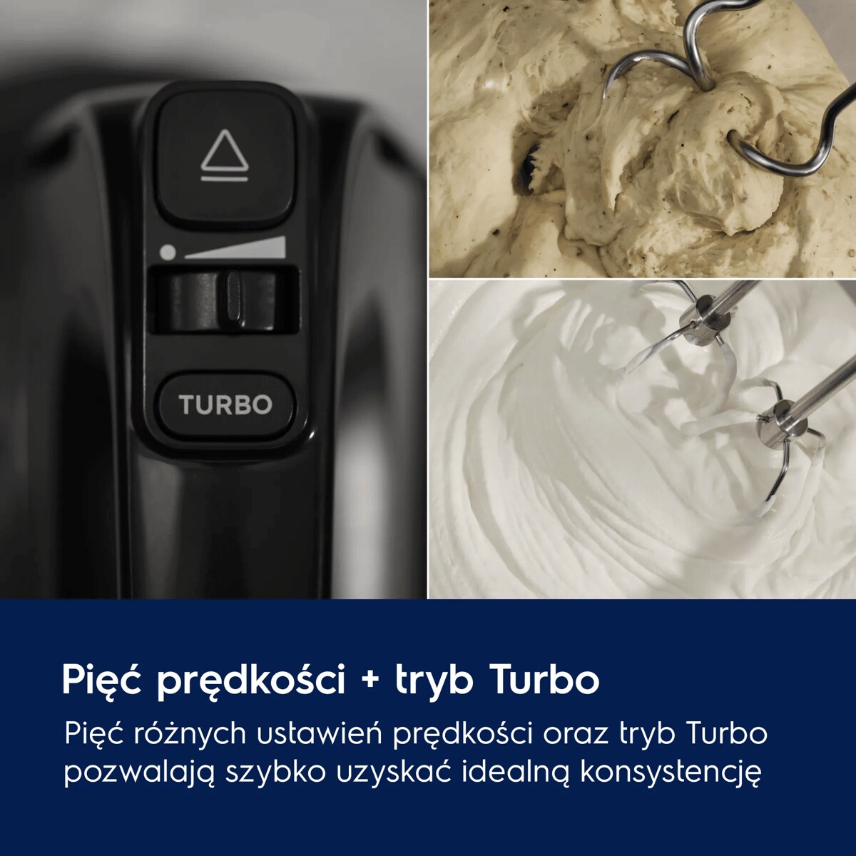 A picture showing a close-up view of a Turbo Mode and speed settings of a black hand mixer