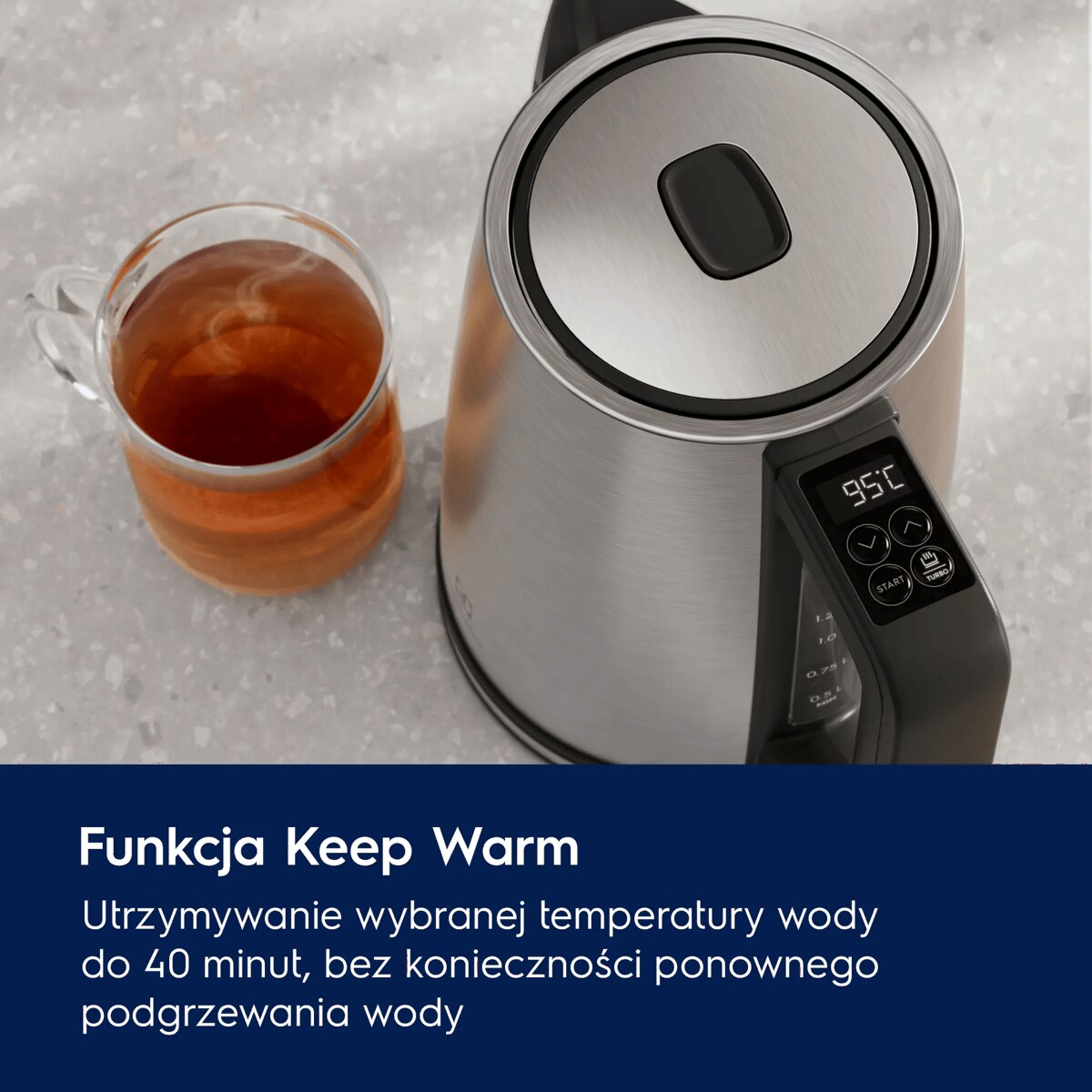 A photo of a steel kettle Create 5 describing how Keep Warm function works