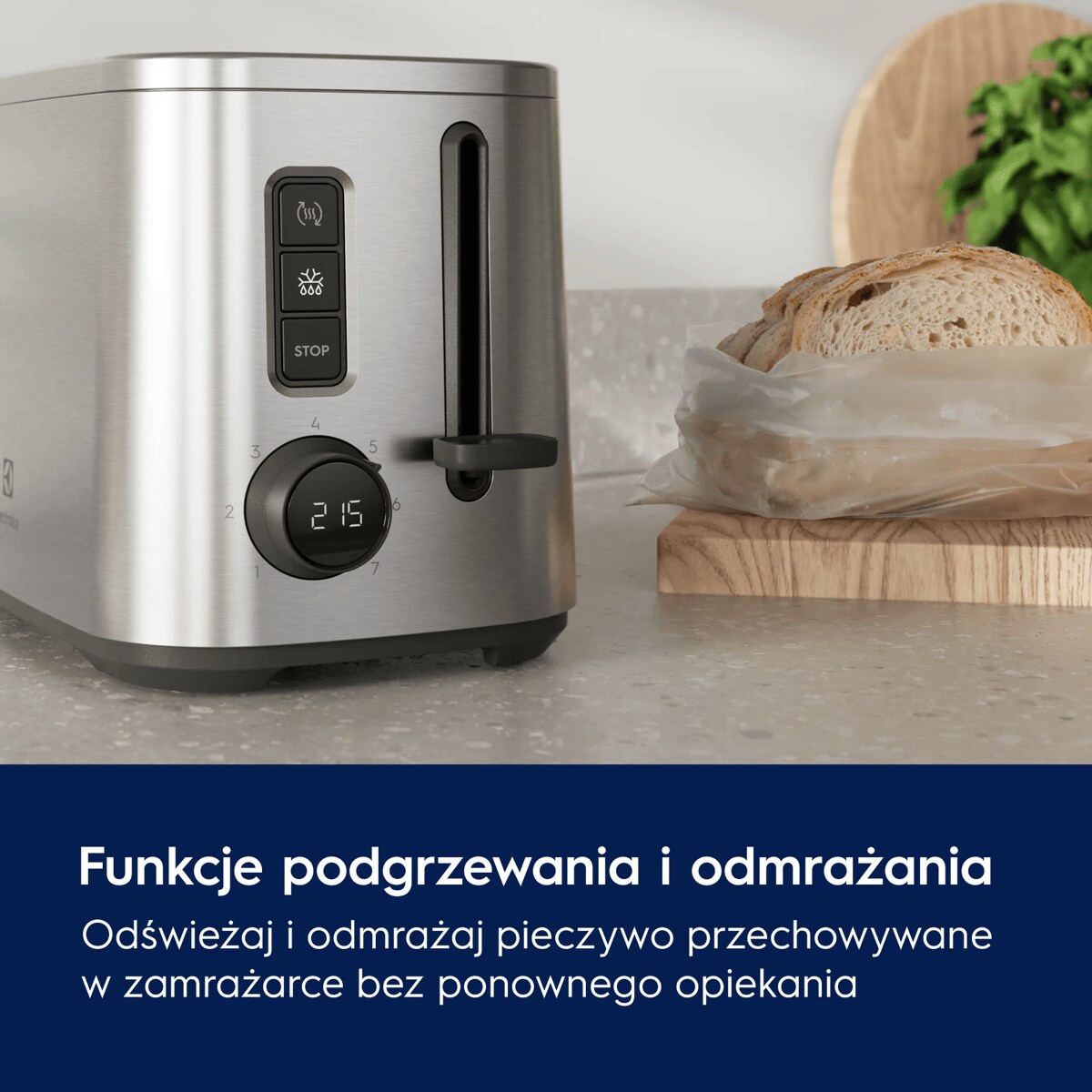 A picture showing Warming and defrosting functions of the black toaster Create 5