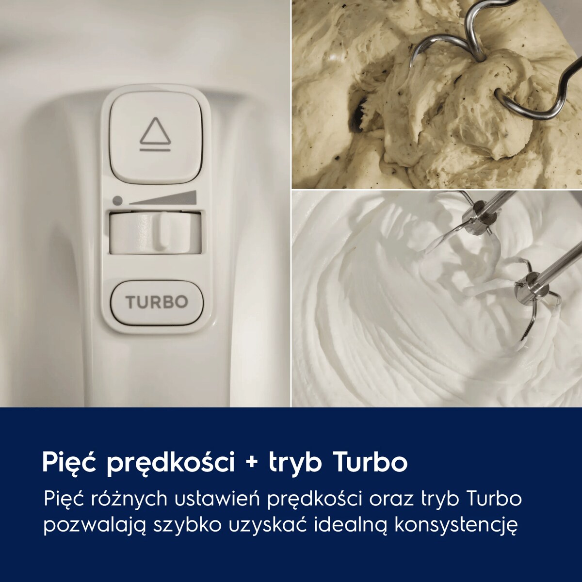 A picture showing a close-up view of a Turbo Mode and speed settings of a white mixer with a bowl