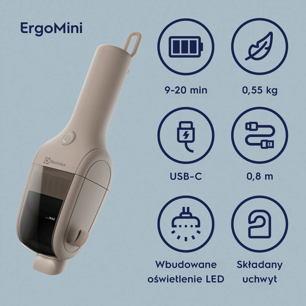 9-20 min 0,55 kg USB-C 0,8 m Wbudowane oświetlenie LED Składany uchwyt