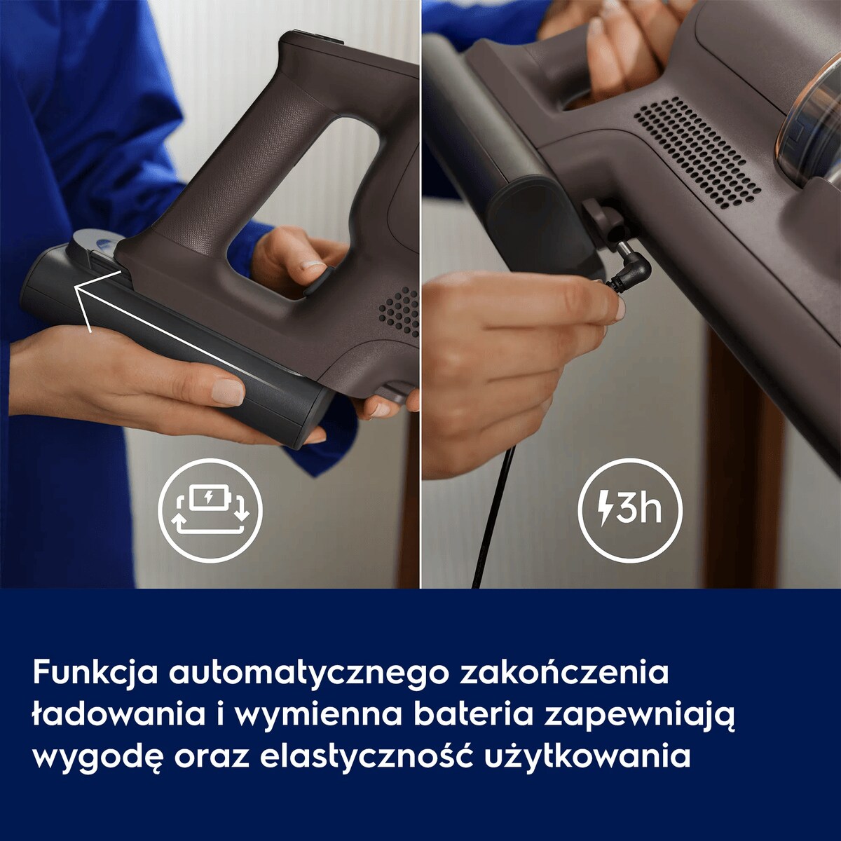 Automatyczne zatrzymanie ładowania i wymienna bateria zapewniają wygodę oraz elastyczność użytkowania