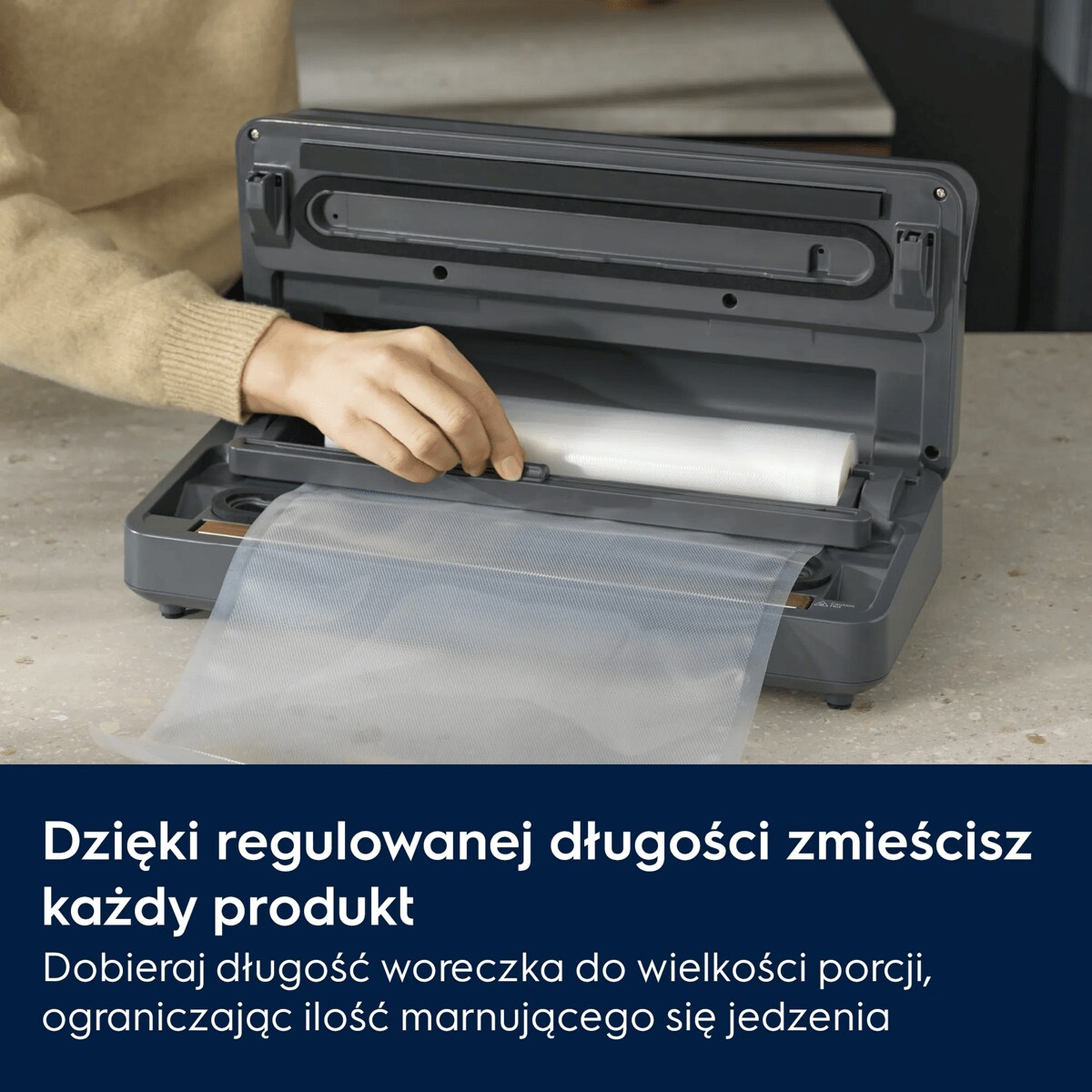 Dzięki regulowanej długości zmieścisz każdy produkt Dobieraj długość woreczka do wielkości porcji, ograniczając ilość marnującego się jedzenia.