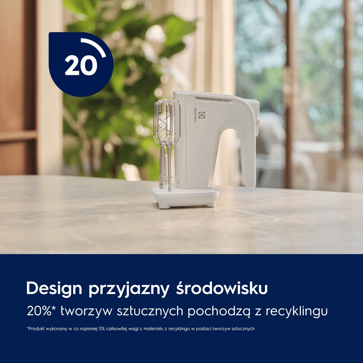 A photo of a white hand mixer featuring number 20 in a blue circle