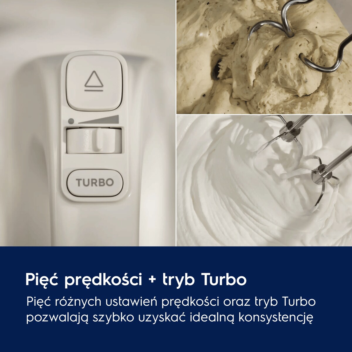A picture showing a close-up view of a Turbo Mode and speed settings of a white hand mixer