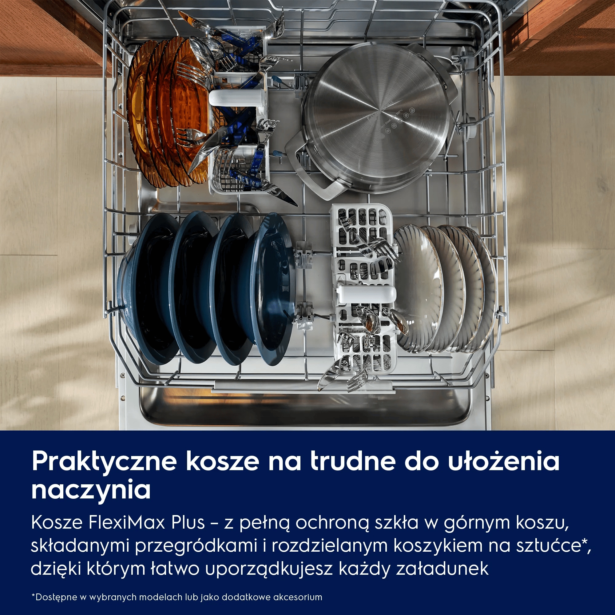 Praktyczne kosze na trudne do ułożenia naczynia Kosze FlexiMax Plus – z pełną ochroną szkła w górnym koszu, składanymi przegródkami i rozdzielanym koszykiem na sztućce*, dzięki którym łatwo uporządkujesz każdy załadunek *Dostępne w wybranych modelach lub jako dodatkowe akcesorium