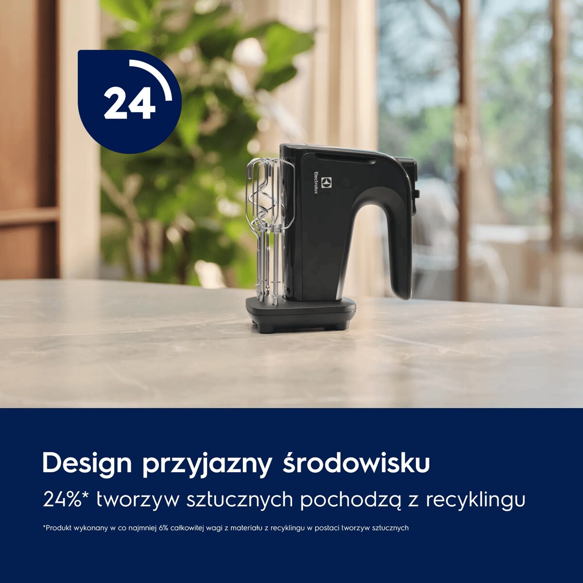 A photo of a black hand mixer featuring number 24 in a blue circle