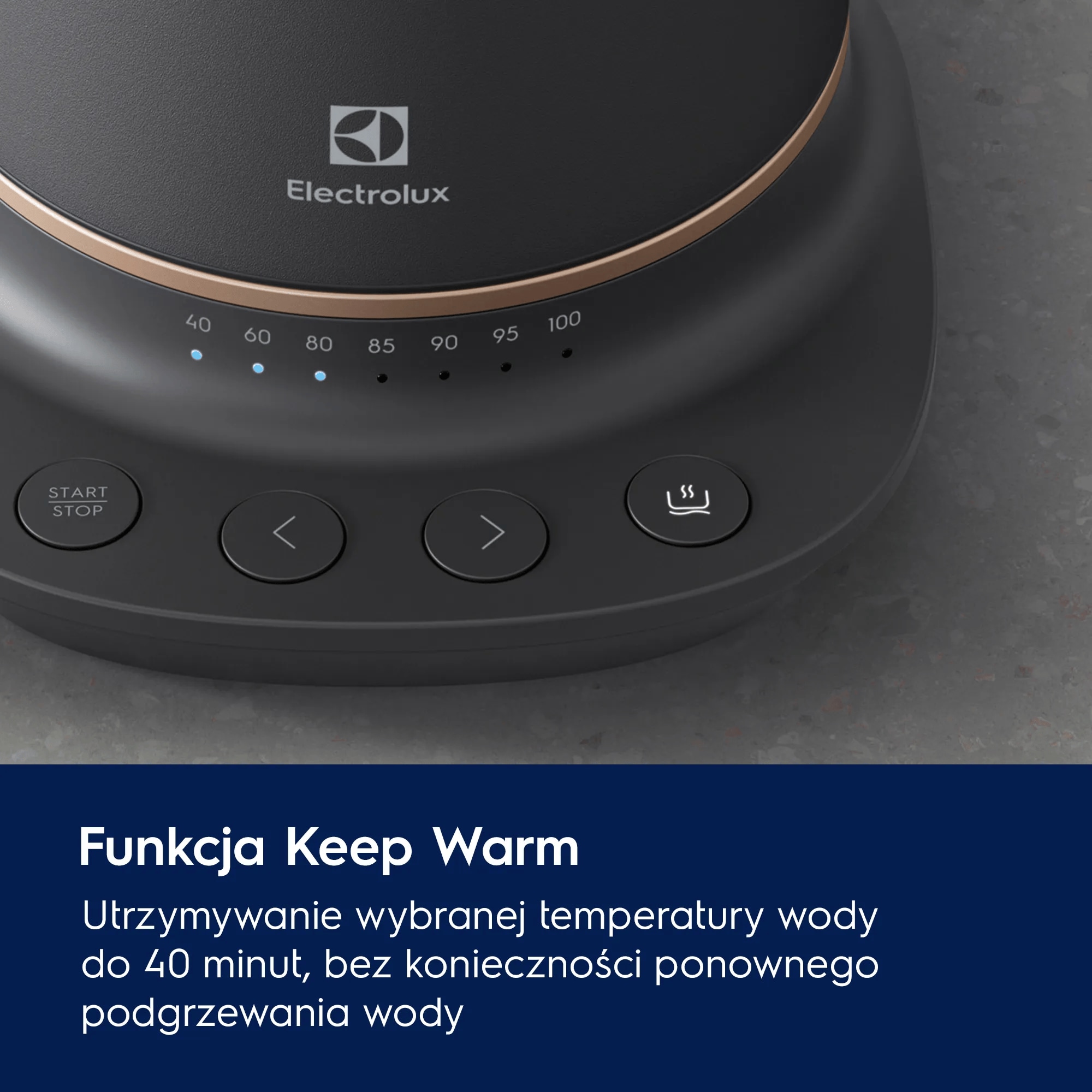 A photo of a black kettle describing how Keep Warm function works
