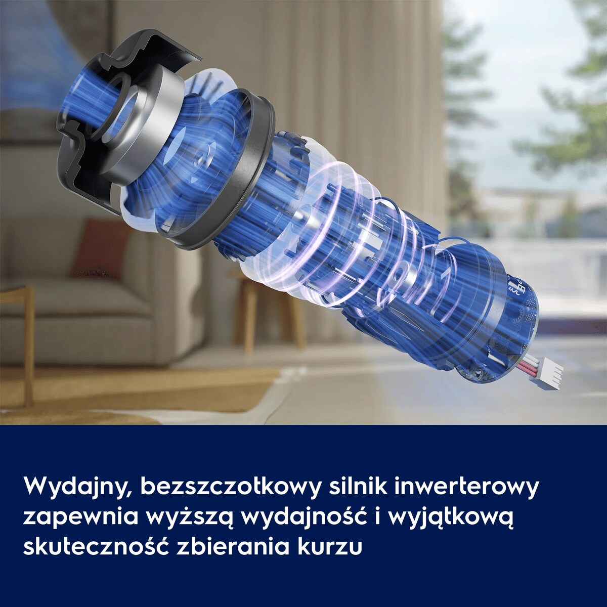 Wydajny, bezszczotkowy silnik inwerterowy zapewnia wyższą wydajność i wyjątkową skuteczność zbierania kurzu