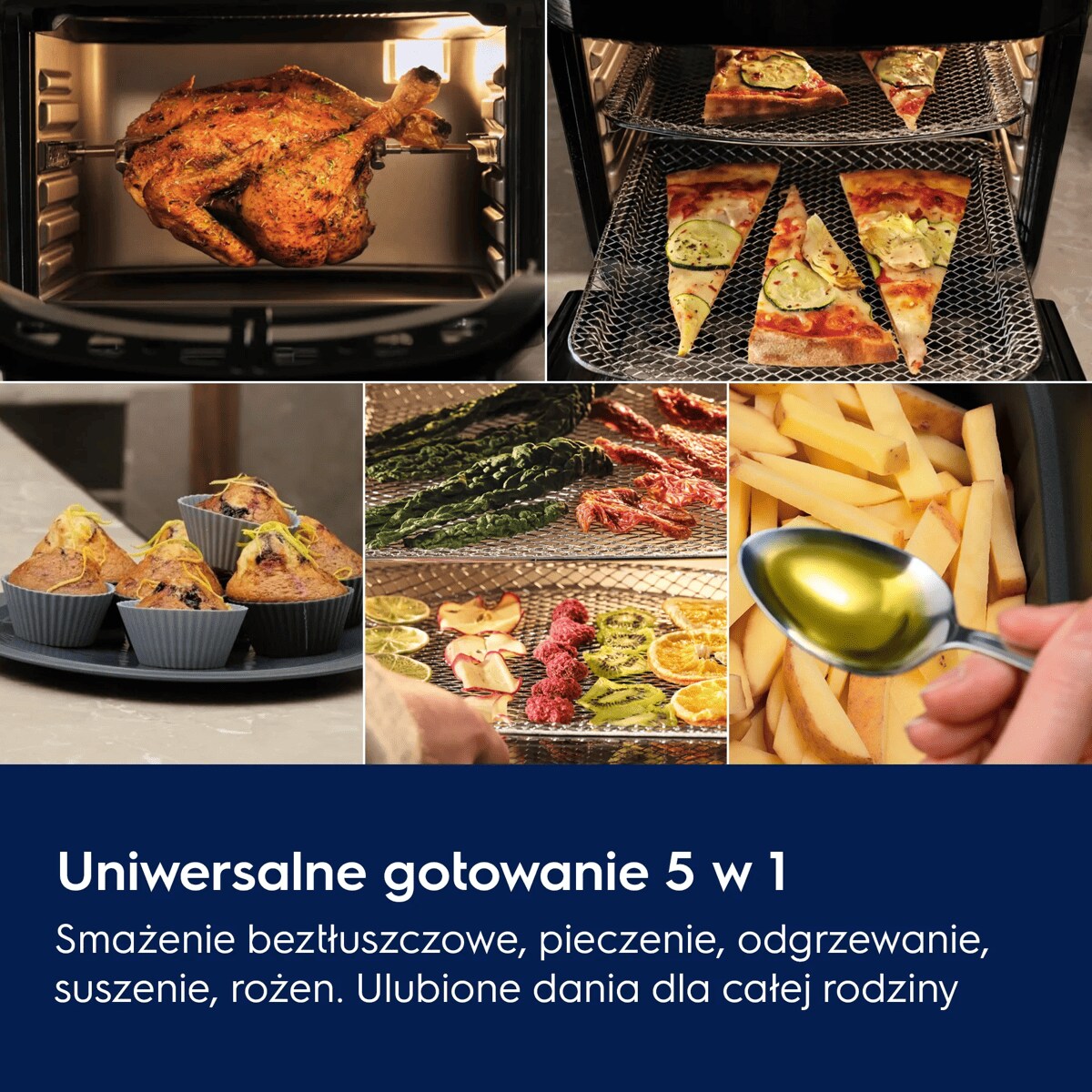 Uniwersalne gotowanie 5 w 1 Smażenie beztłuszczowe, pieczenie, odgrzewanie, suszenie, rożen. Ulubione dania dla całej rodziny.