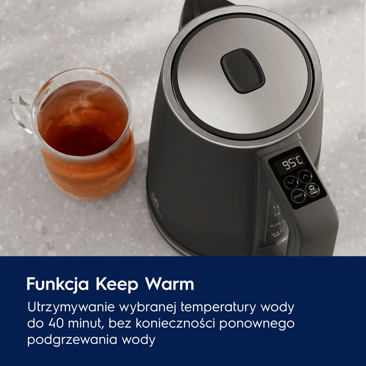 A photo of a black kettle Create 5 describing how Keep Warm function works