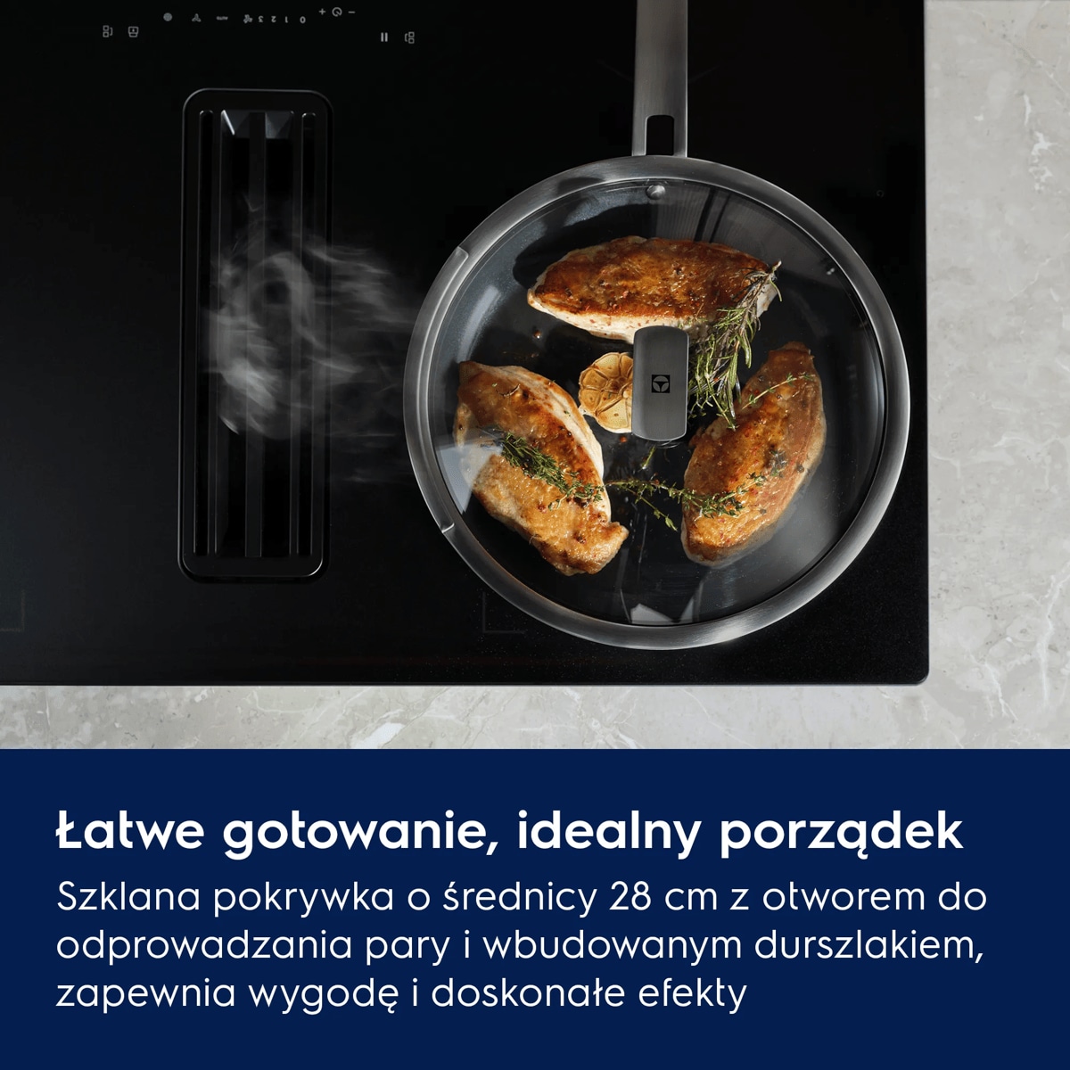 Łatwe gotowanie, idealny porządek Szklana pokrywka o średnicy 28 cm z otworem do odprowadzania pary i wbudowanym durszlakiem, zapewnia wygodę i doskonałe efekty