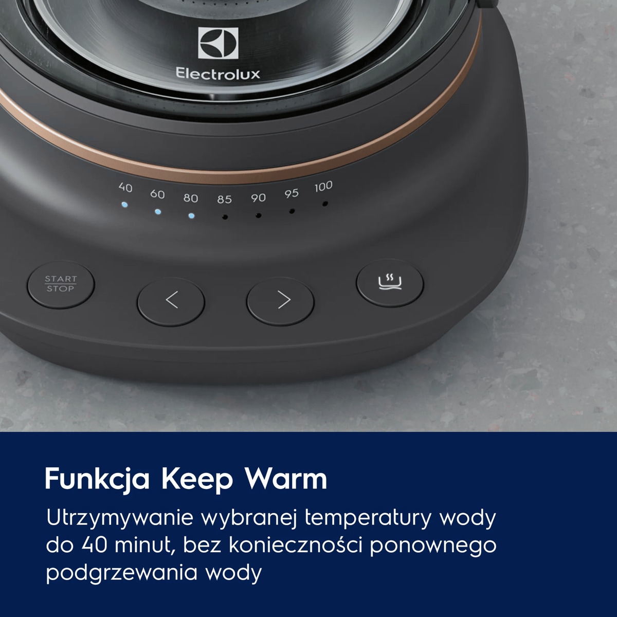 A photo of a glass kettle describing how Keep Warm function works