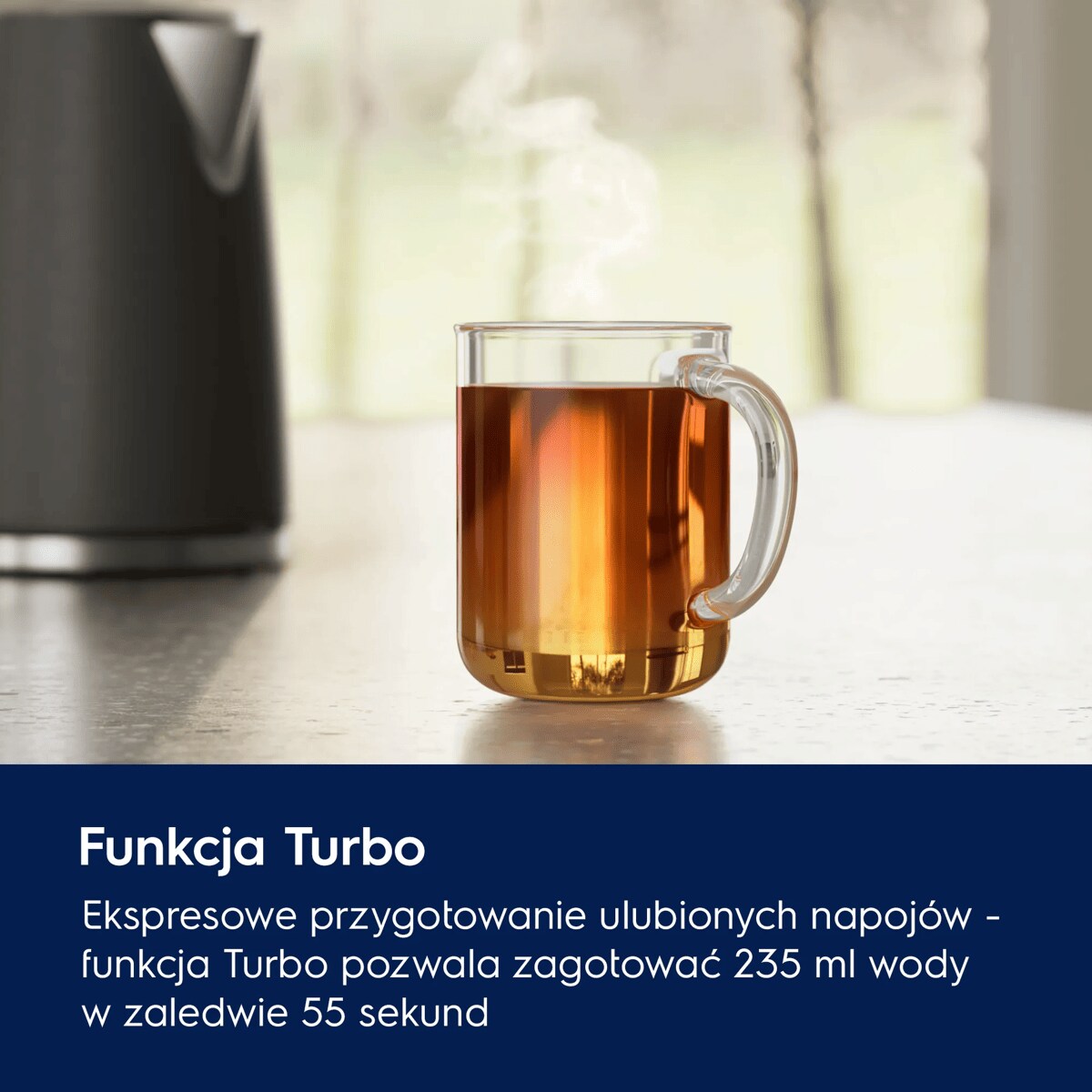 A photo of a black kettle Create 5 describing how Turbo function works