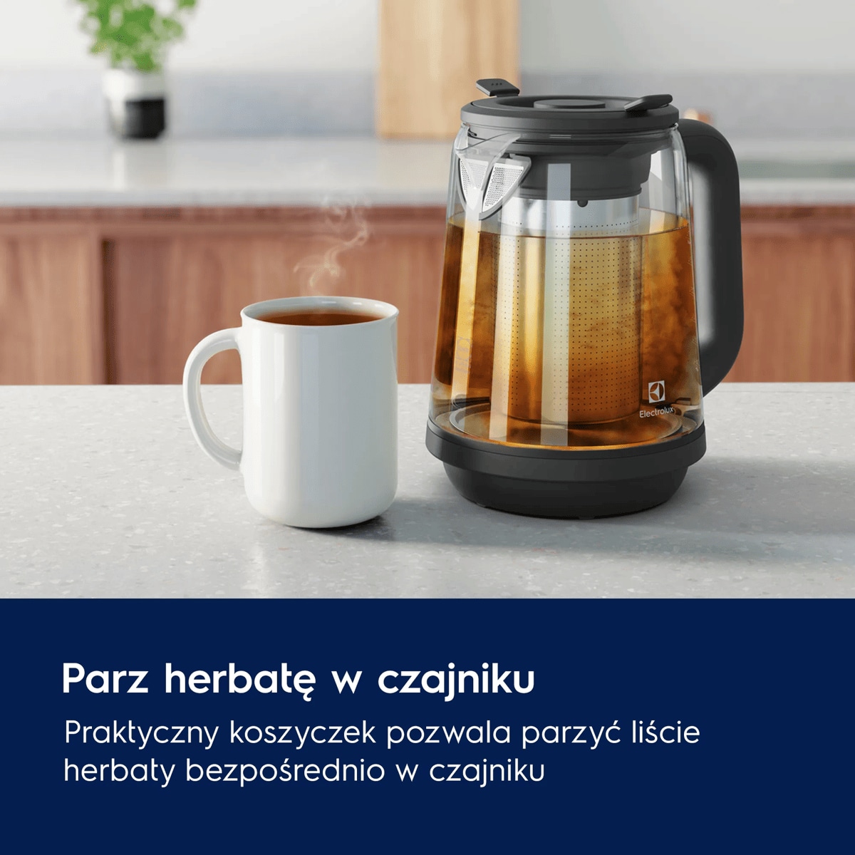 A photo of a glass kettle describing how to prepare a tea inside of a kettle