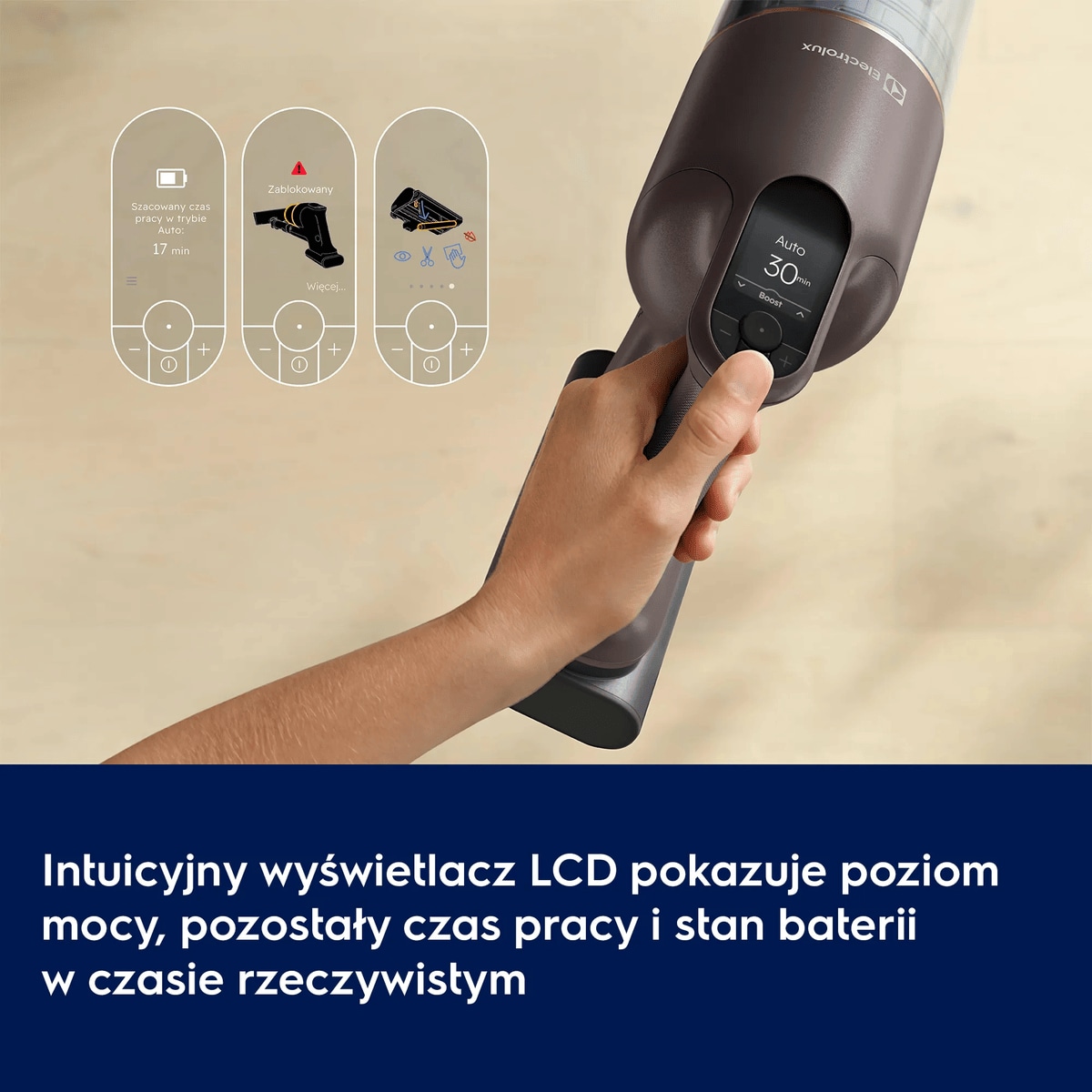 Intuicyjny wyświetlacz LCD pokazuje poziom mocy, pozostały czas pracy i stan baterii w czasie rzeczywistym      Szacowany czas pracy w trybie Auto: 17 min Zablokowany Więcej...